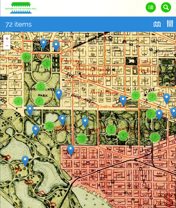 A screenshot of the Histories of the National Mall site with an historical map selected. The colorful map outlines the boundaries of streets and buildings. The Mall is visible, with winding paths. Blue pinpoints and green circles have been superimposed.