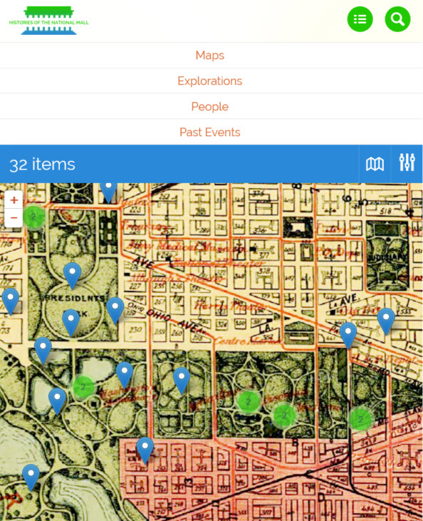 A screenshot of the Histories of the National Mall site with an historical map selected. The colorful map outlines the boundaries of streets and buildings. The Mall is visible, with winding paths. Blue pinpoints and green circles have been superimposed.