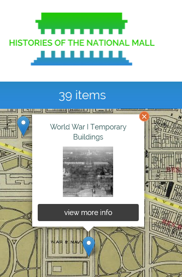 A screenshot of a historical map layer with an item selected. From the blue pinpoint, a dialogue box is opened featuring the title of the item and a small image. Users can click to view more info or close the box.